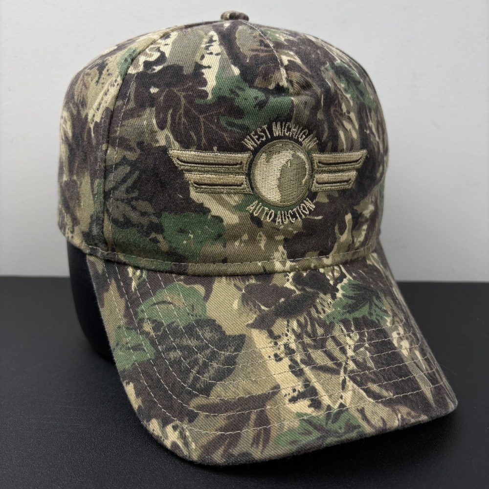Vintage Camo Strapback Hat West Michigan Auto Auction Leaf Camouflage Cap OSFM